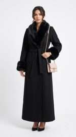 Manteau Long Noir Élégant avec Col et Poignets en Fausse Fourrure – Image 7