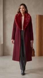 Manteau Long Bordeaux avec Col Fausse Fourrure - Élégance Hivernale – Image 8
