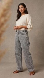 Élégance Décontractée : Jean Taille Haute Gris – Image 3