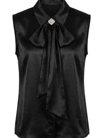 Chemisier sans manches en satin noir avec nœud papillon et broche en strass par Orkidia Fashion