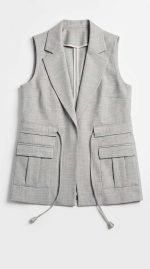Gilet de costume gris sans manches pour femme avec poches et cordon ajustable