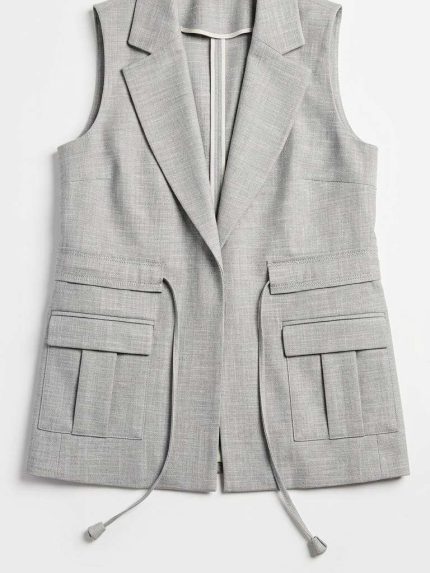 Gilet de costume gris sans manches pour femme avec poches et cordon ajustable