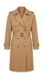 Trench-coat classique beige pour femme avec ceinture et boutons croisés, vue frontale