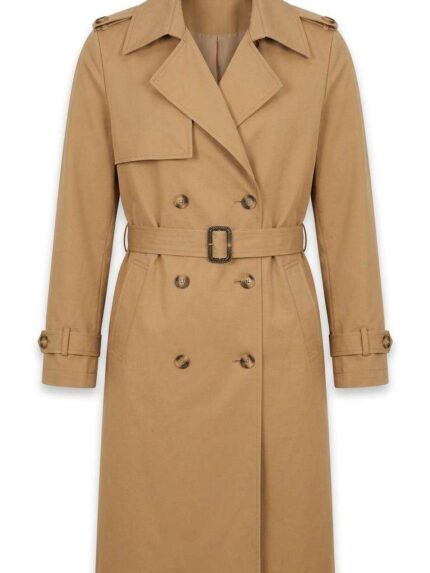Trench-coat classique beige pour femme avec ceinture et boutons croisés, vue frontale