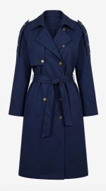 Trench-coat bleu marine élégant avec boutons dorés et ceinture à nouer, vue de face sur fond neutre.