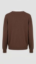 Pull en Maille Marron avec Col et Poignets en Dentelle – Image 2