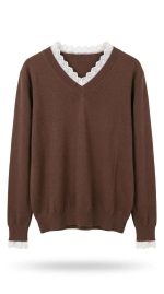 Pull en maille marron avec détails en dentelle au col et poignets, style élégant et décontracté