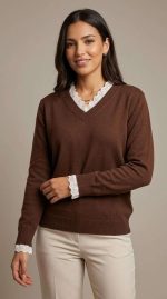 Pull en Maille Marron avec Col et Poignets en Dentelle – Image 8