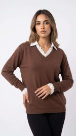 Pull en Maille Marron avec Col et Poignets en Dentelle – Image 7