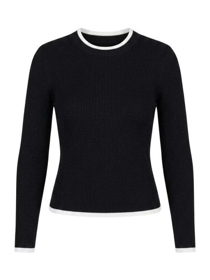 Pull cintré noir à manches longues avec détails contrastés blancs au col et aux poignets