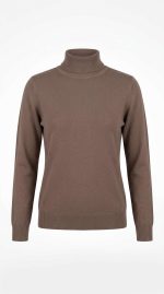 Pull col roulé marron pour femme en maille douce élégante, vue de face sur fond blanc
