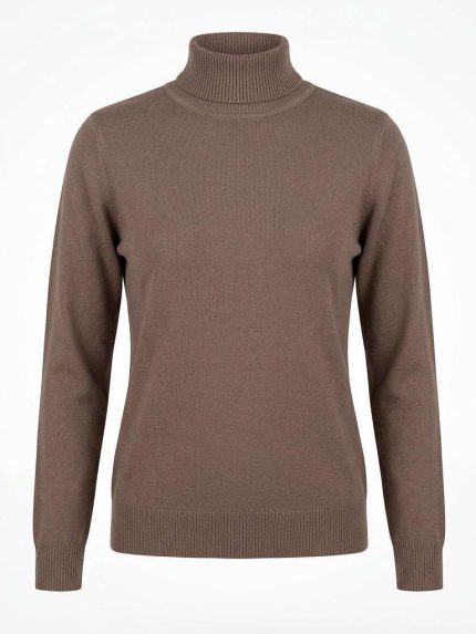 Pull col roulé marron pour femme en maille douce élégante, vue de face sur fond blanc