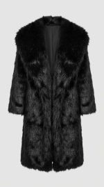Manteau long en fausse fourrure noire pour femme, coupe luxueuse et élégante