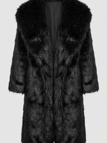 Manteau long en fausse fourrure noire pour femme, coupe luxueuse et élégante