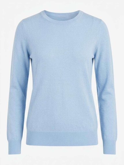 Pull femme à col rond en cachemire bleu ciel, haut chic et élégant pour femme