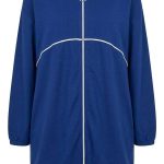 Sweat long bleu oversize à fermeture zippée avec cordon de serrage, vue frontale sur mannequin invisible, collection Orkidia Fashion