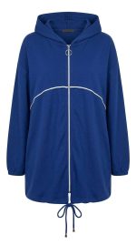 Sweat long bleu oversize à fermeture zippée avec cordon de serrage, vue frontale sur mannequin invisible, collection Orkidia Fashion