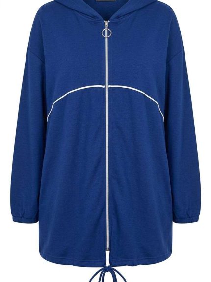 Sweat long bleu oversize à fermeture zippée avec cordon de serrage, vue frontale sur mannequin invisible, collection Orkidia Fashion