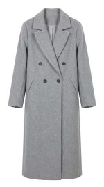 Manteau long croisé en laine gris pour femme, coupe structurée, style élégant et chic