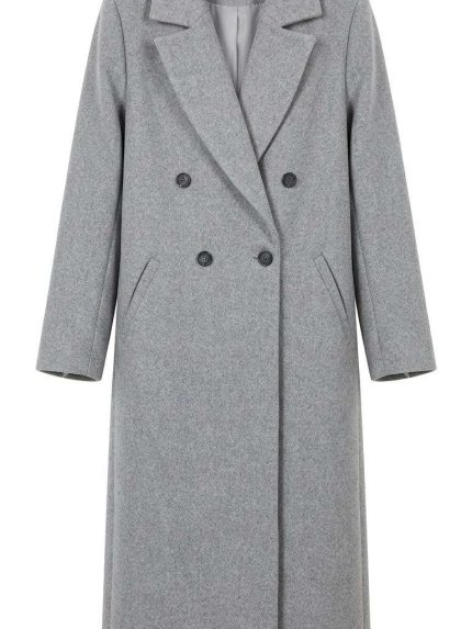 Manteau long croisé en laine gris pour femme, coupe structurée, style élégant et chic