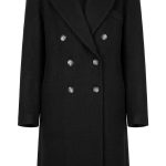 Manteau long noir à double boutonnage pour femme sur fond blanc
