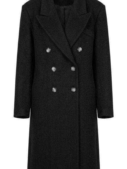 Manteau long noir à double boutonnage pour femme sur fond blanc