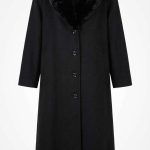 Manteau long noir en laine avec col en fausse fourrure élégant pour femme