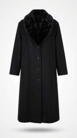 Manteau long noir en laine avec col en fausse fourrure élégant pour femme