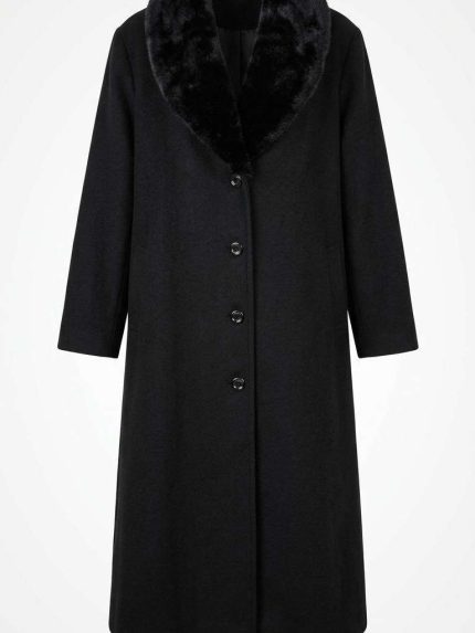 Manteau long noir en laine avec col en fausse fourrure élégant pour femme