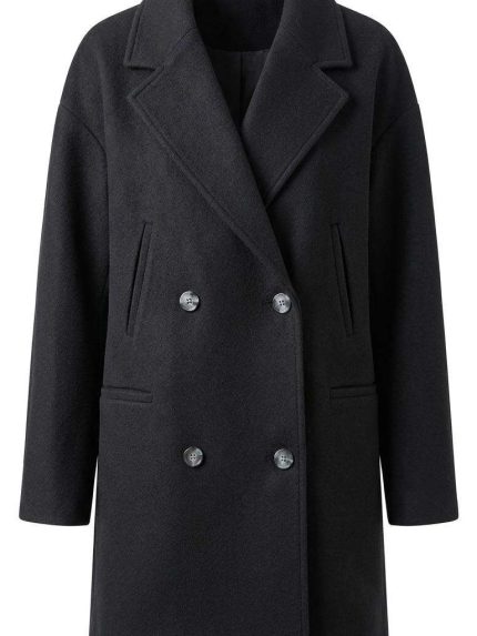 Manteau court noir élégant pour femme avec fermeture croisée, coupe structurée, vue de face sur fond neutre.
