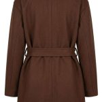 Manteau court en laine marron chocolat avec ceinture pour femme, vue arrière.