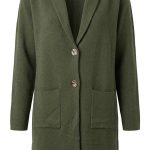 Cardigan long en maille vert olive pour femme avec col châle et boutons