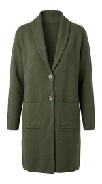 Cardigan long en maille vert olive pour femme avec col châle et boutons