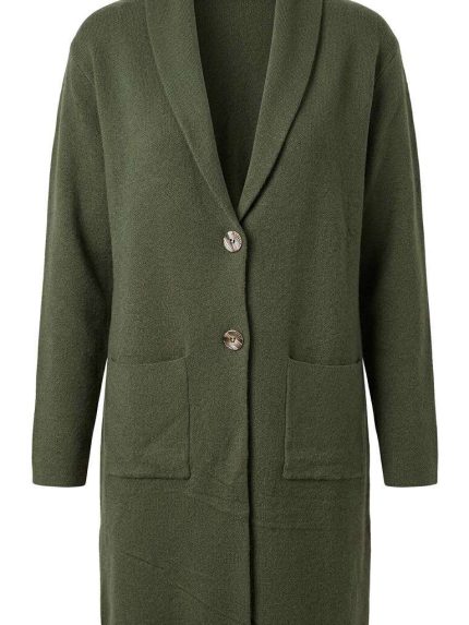 Cardigan long en maille vert olive pour femme avec col châle et boutons