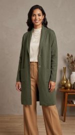 Gilet Long en Maille Vert Olive - Cardigan Femme Chic – Image 7