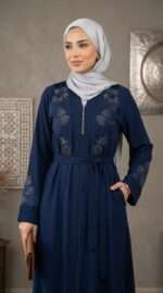 Abaya Florale Nuit Étoilée - Élégance Bleue Brodée