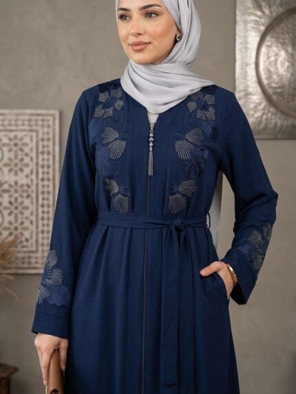 Abaya Florale Nuit Étoilée - Élégance Bleue Brodée