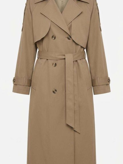 Trench-coat beige pour femme avec ceinture, style classique et élégant