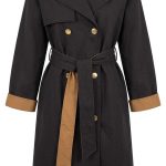 Trench-coat noir élégant avec finitions camel et boutons dorés pour femme