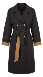Trench-coat noir élégant avec finitions camel et boutons dorés pour femme