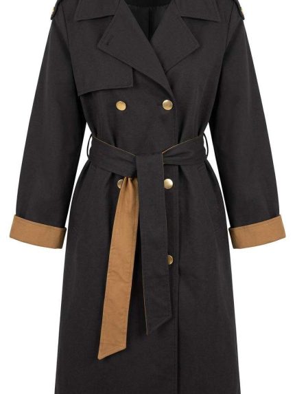 Trench-coat noir élégant avec finitions camel et boutons dorés pour femme