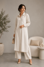 Ensemble femme beige écru composé d’une chemise longue boutonnée et d’un pantalon large.