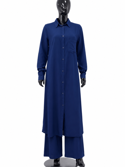 Ensemble Femme Bleu Marine Chemise Longue & Pantalon Large Élégant