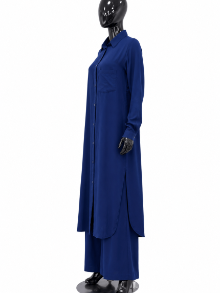 Ensemble Femme Bleu Marine Chemise Longue & Pantalon Large Élégant