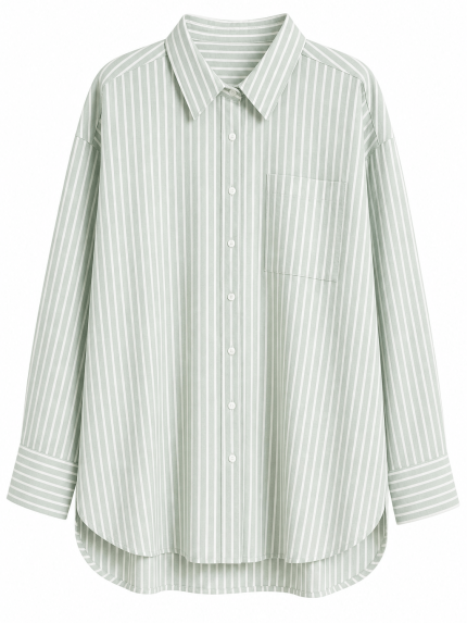 Chemise femme oversize vert sauge à rayures blanches avec manches longues et coupe fluide