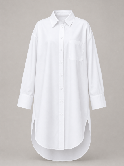 Chemise longue femme blanche oversize avec col classique et coupe tunique élégante