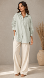 Chemise femme oversize vert sauge à rayures blanches avec manches longues et coupe fluide