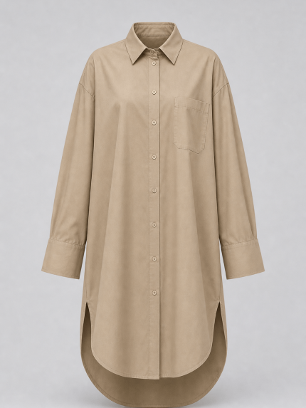 Chemise longue femme beige oversize avec col classique, boutons devant, poche poitrine et manches longues