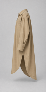 Chemise longue femme beige oversize avec col classique, boutons devant, poche poitrine et manches longues