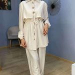 Ensemble Co-ord 2 Pièces Tunique Ajustable à Boutons Bijoux Blanc Cassé